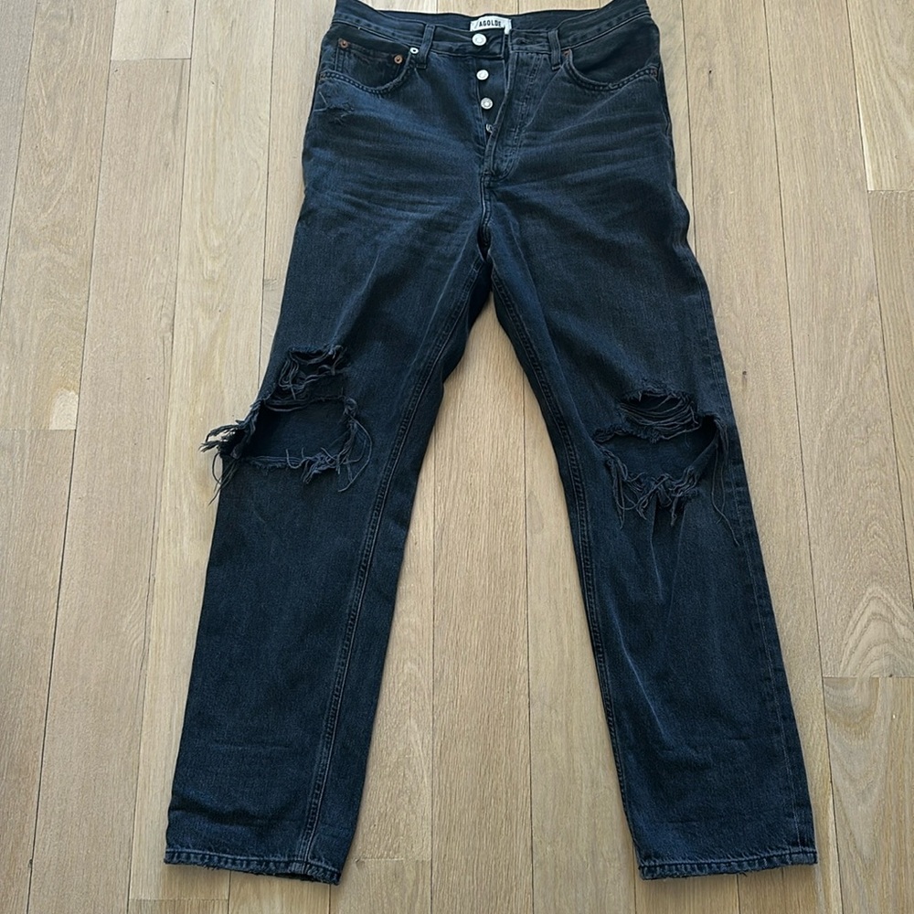 Agolde (Aritzia), 90s denim, high-rise, distressed, black, relaxed fit, size 25